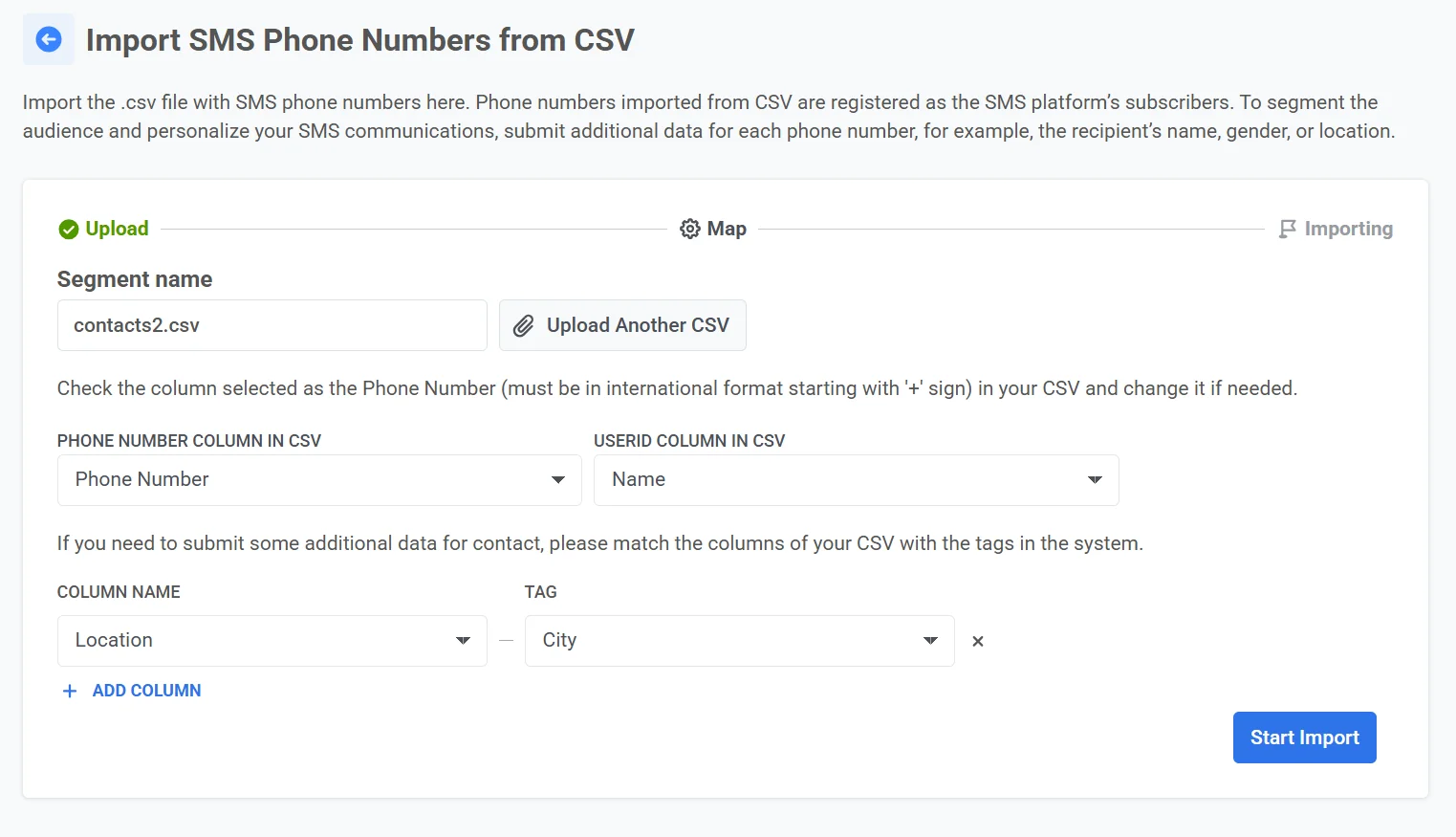 显示列映射界面的屏幕截图,其中包含电话号码、用户 ID 和标签分配选项