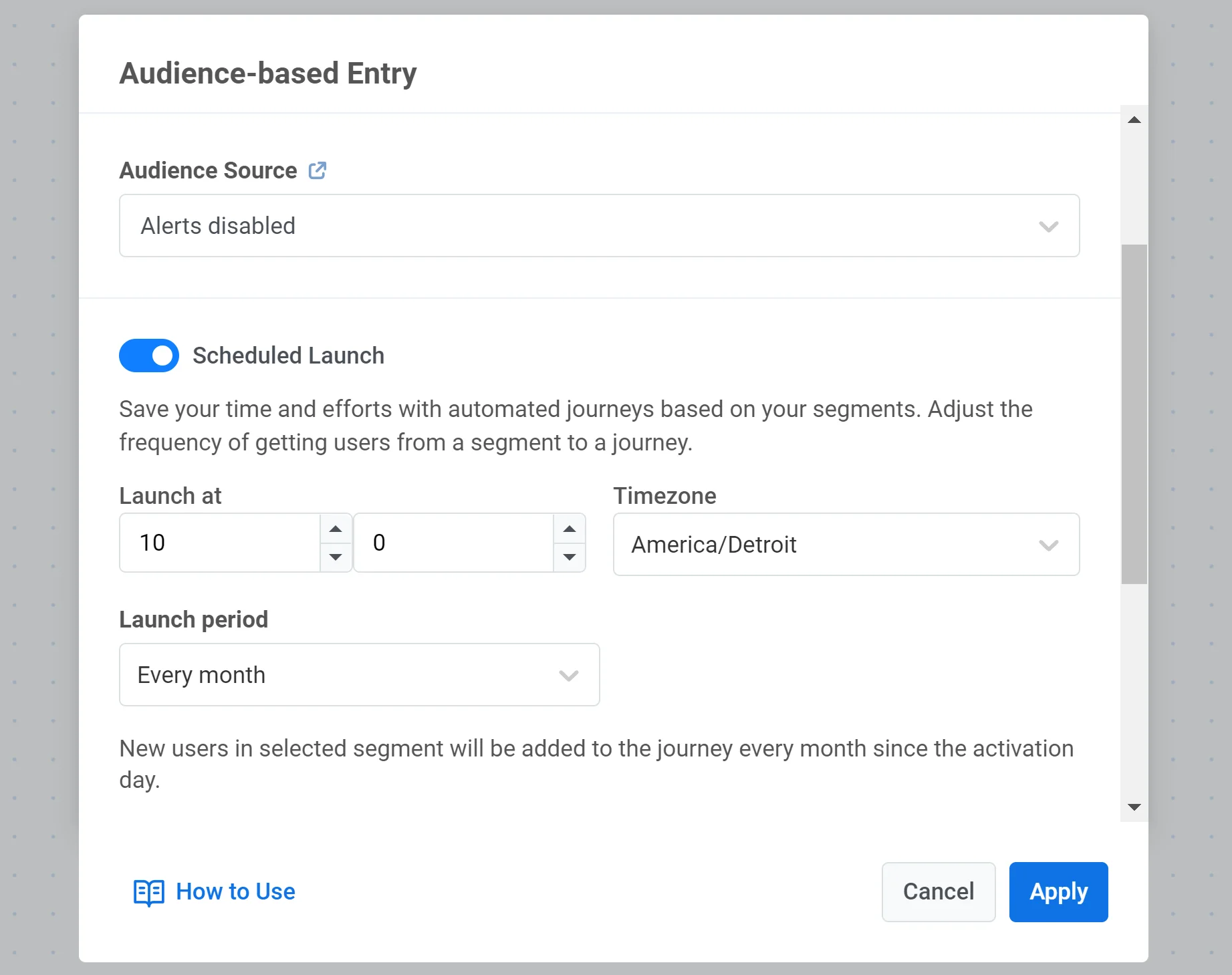 Captura de tela mostrando a configuração da entrada baseada em público com seleção de segmento e configurações de lançamento agendado