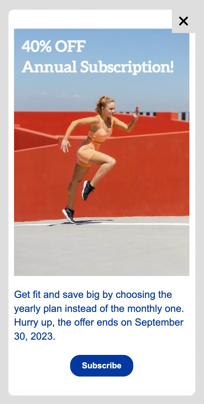 이미지와 CTA 버튼이 있는 피트니스 앱용 전체 화면 프로모션 인앱 메시지 예시 미리보기