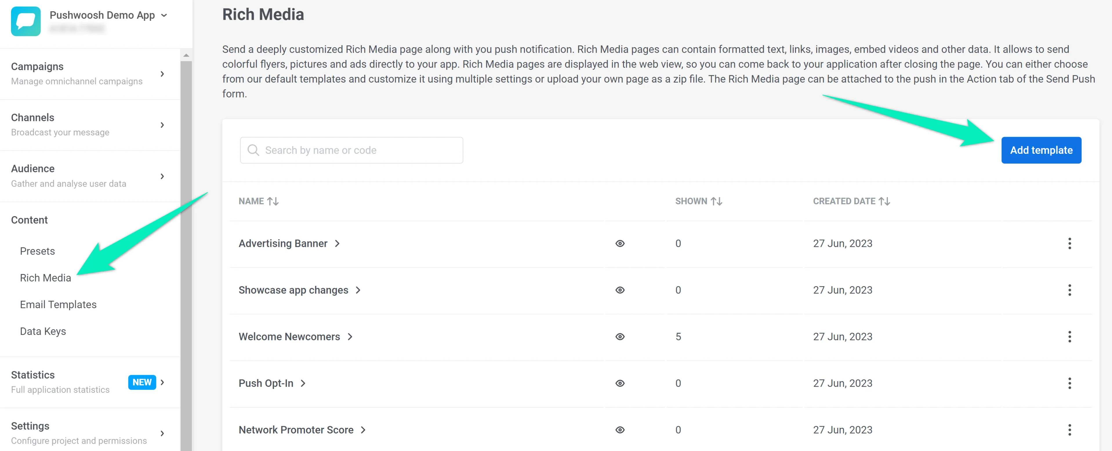 Rich Media 섹션 탐색 및 Add template 버튼을 보여주는 스크린샷