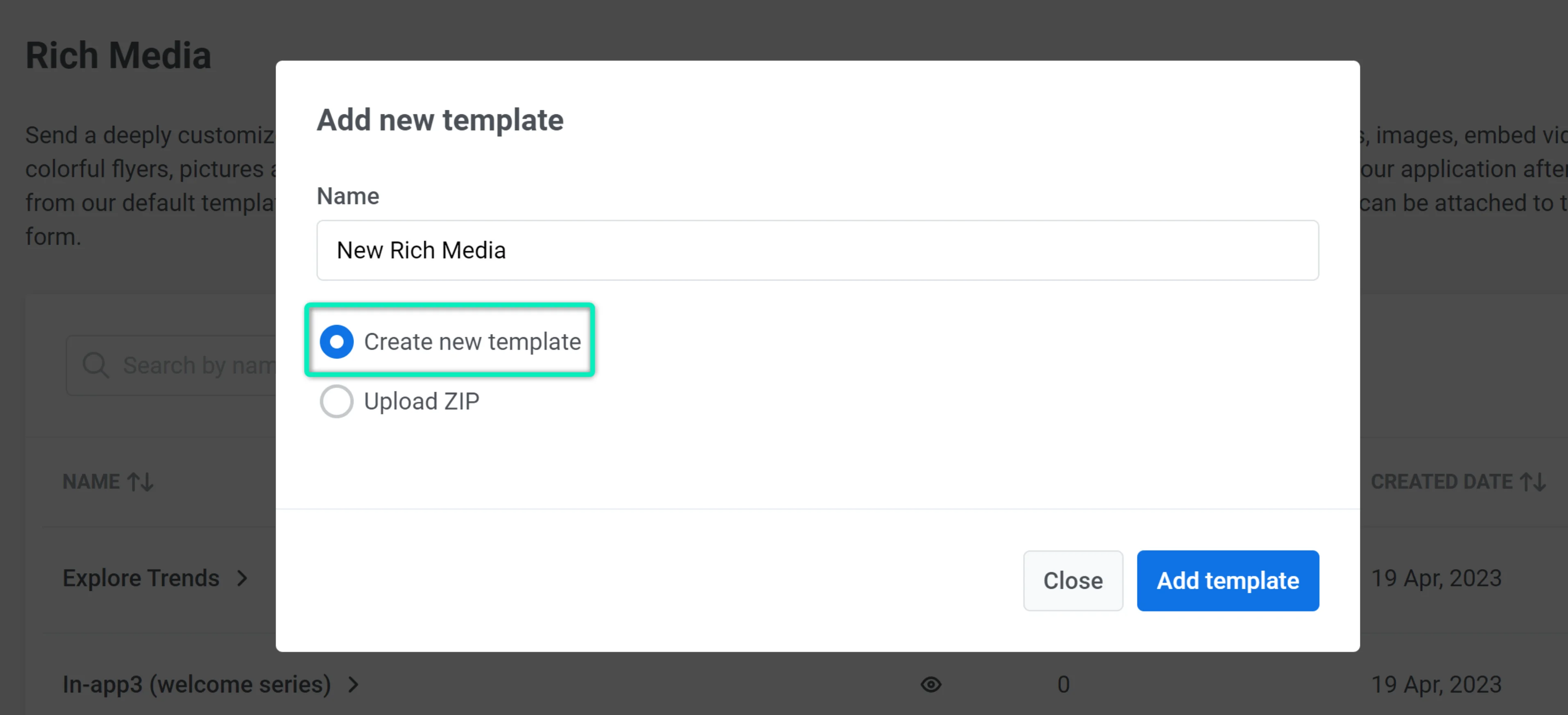 이름 입력 및 Create new template이 선택된 템플릿 생성 대화 상자를 보여주는 스크린샷