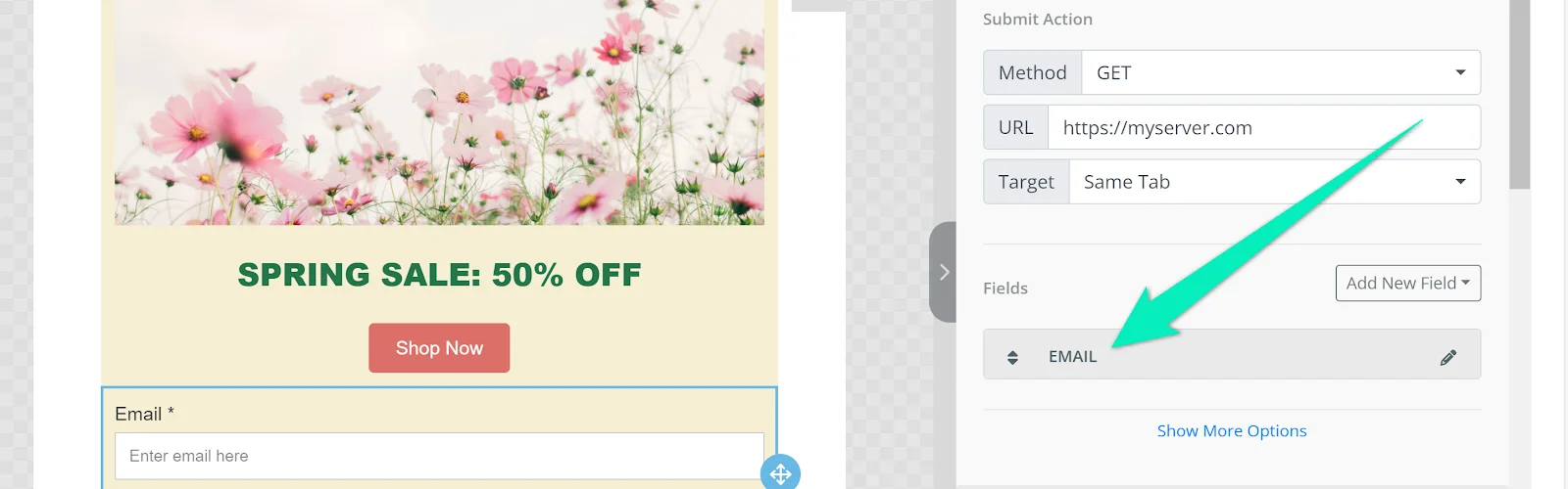 截图显示表单字段配置选项,包括字段类型、名称、标签和占位符
