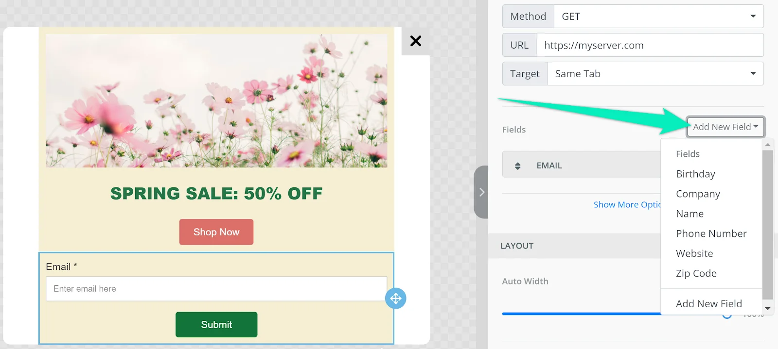 截图显示“添加新字段”按钮和包含可用字段数据类型的下拉菜单