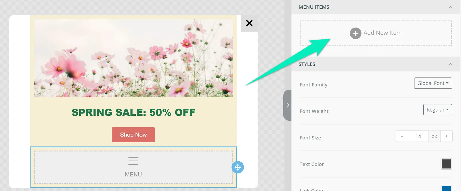 截图显示用于向模板添加菜单项的“添加新项”按钮