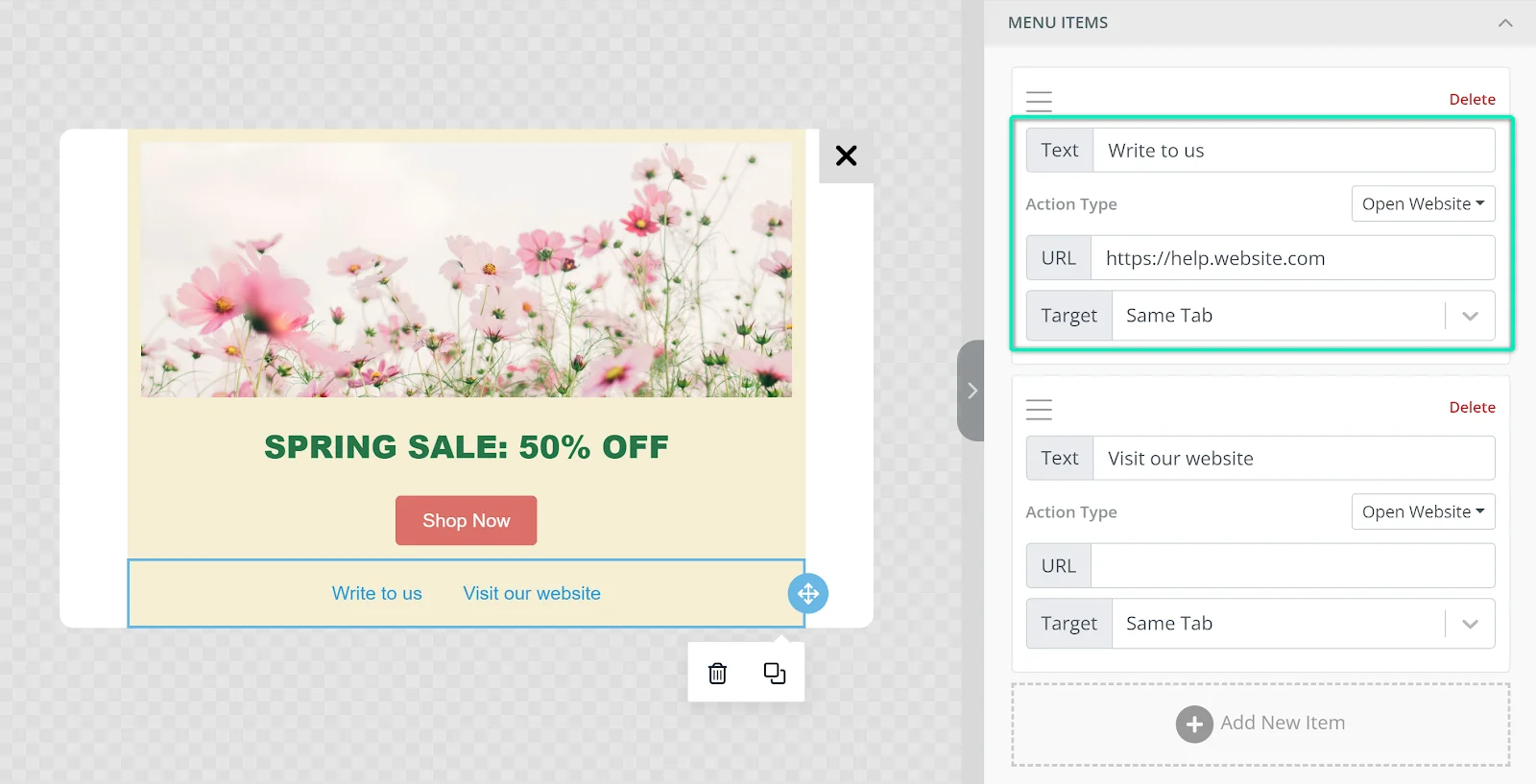 截图显示菜单项配置,其中包含文本字段和操作设置