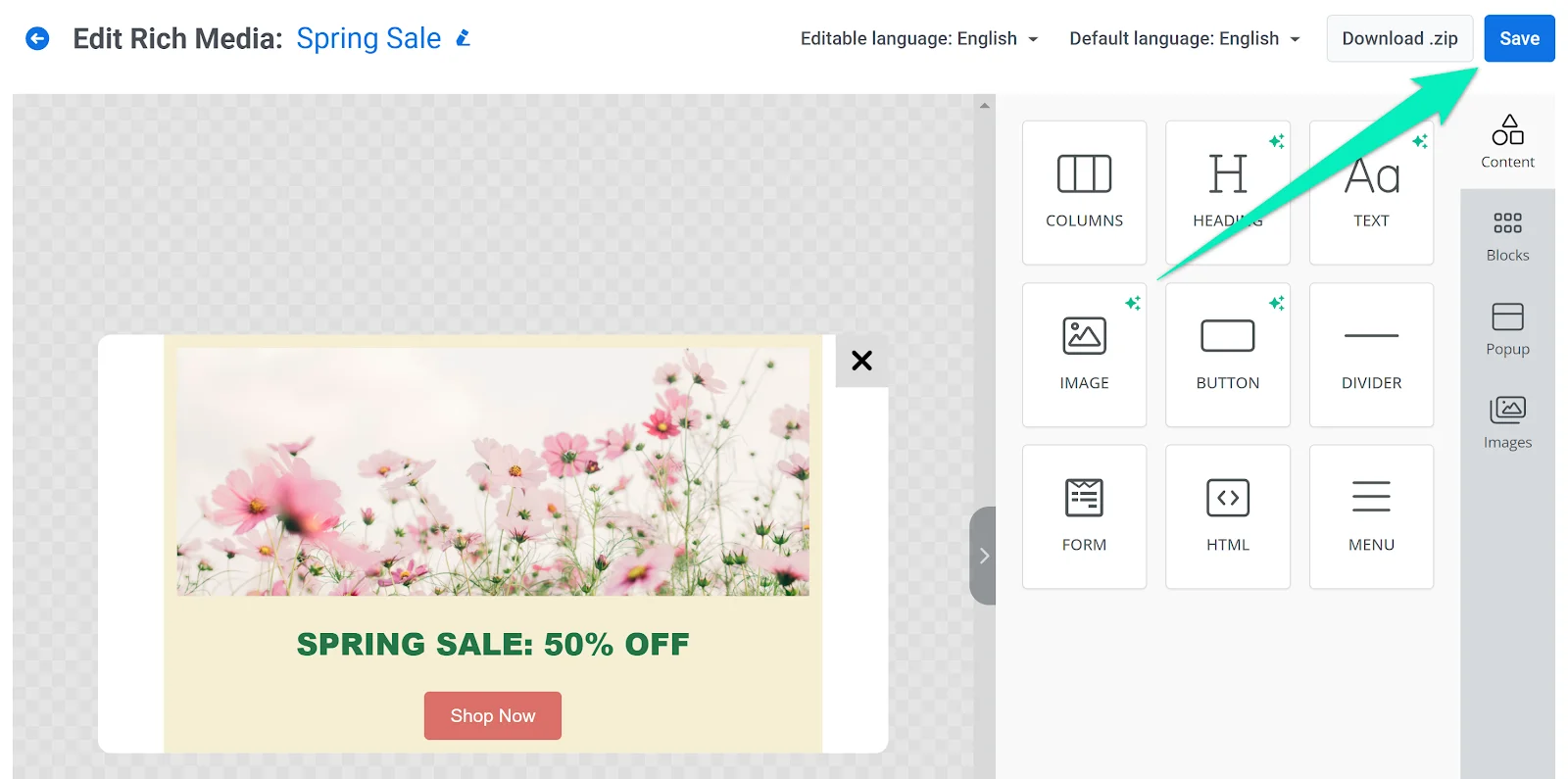 截图突出显示用于保存应用内消息模板更改的“保存”按钮