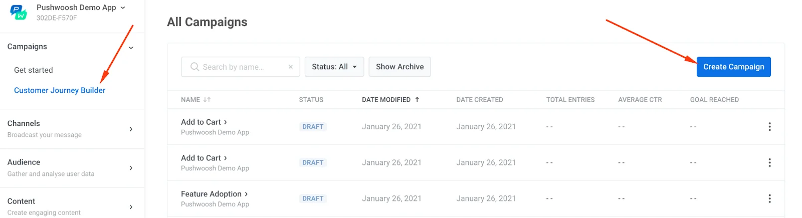 কাস্টমার জার্নি বিল্ডার দেখানো স্ক্রিনশট যেখানে Create Campaign বোতামটি হাইলাইট করা হয়েছে