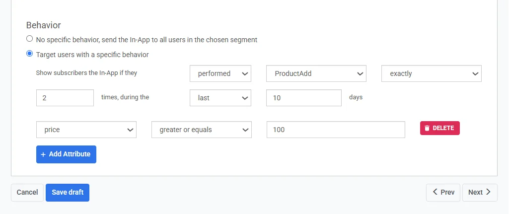 ব্যবহারকারীর আচরণ টার্গেটিং সেটিংস দেখানো স্ক্রিনশট যেখানে ইভেন্ট, ফ্রিকোয়েন্সি এবং টাইমফ্রেম বিকল্প রয়েছে