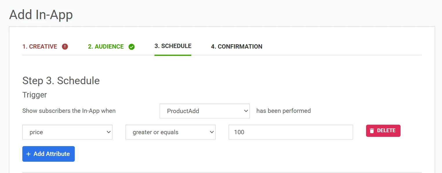 ইভেন্ট ট্রিগার কনফিগারেশন দেখানো স্ক্রিনশট যেখানে ইভেন্ট নির্বাচন এবং অ্যাট্রিবিউট সেটিংস রয়েছে