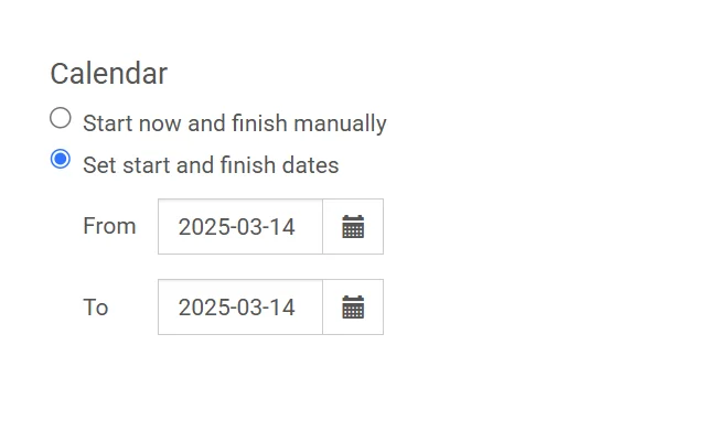 প্রদর্শনের সময়কাল সেটিংস দেখানো স্ক্রিনশট যেখানে শুরু এবং শেষের তারিখ নির্বাচক রয়েছে