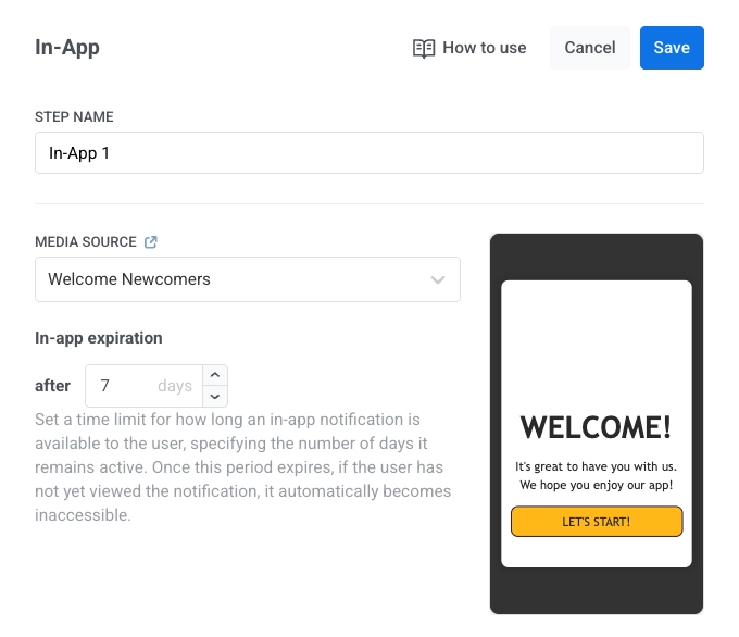 Screenshot of In-app element panel with Media Source, template selection, and In-app expiration field