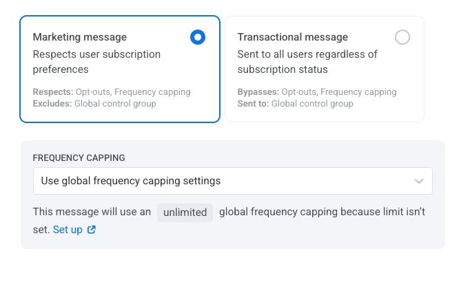 Screenshot of In-app element frequency capping options: Use Global, Ignore, or Use custom frequency capping