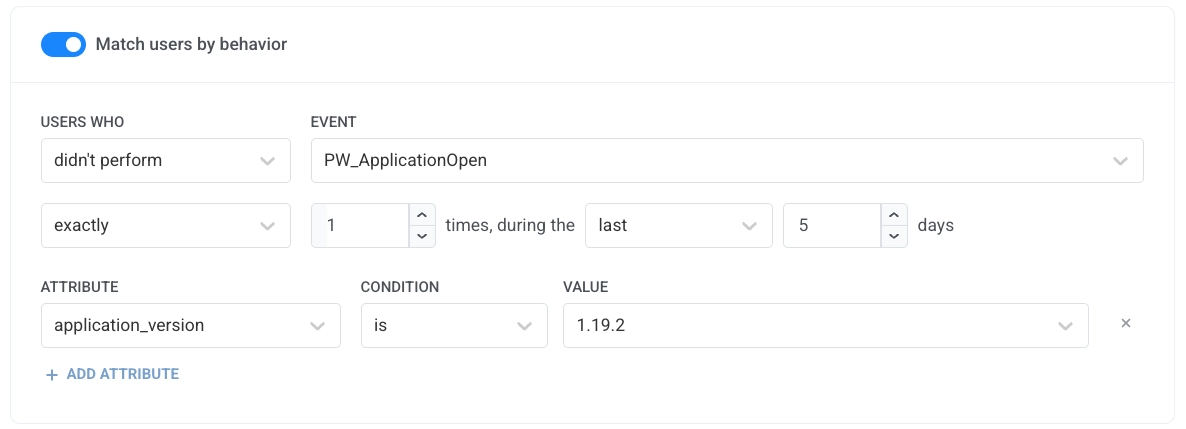 Configuración del filtro de comportamiento con los campos USERS WHO, EVENT, frecuencia y marco de tiempo