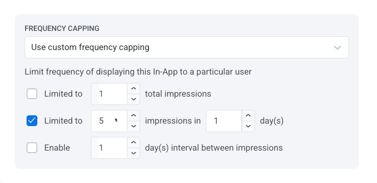 Configuración de limitación de frecuencia personalizada con límites para impresiones totales, impresiones diarias e intervalo
