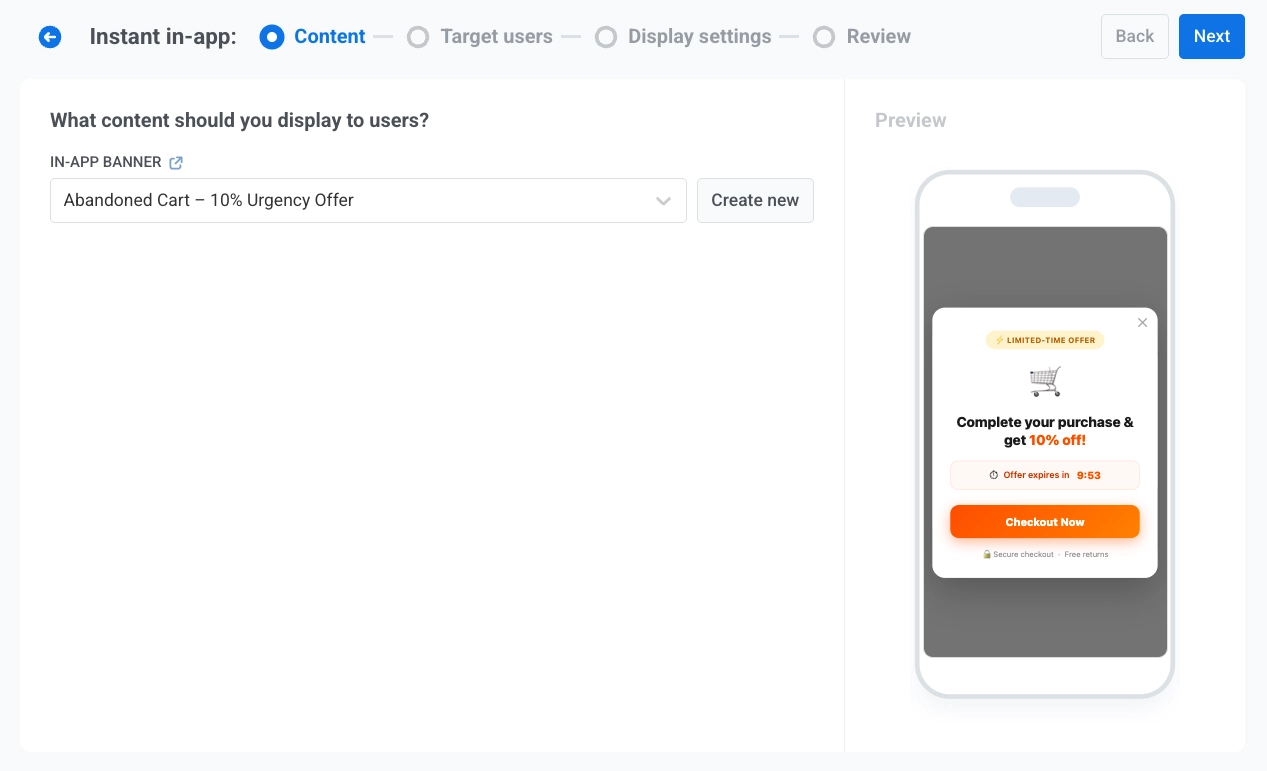 Ejemplo de plantilla in-app con texto de mensaje de descuento y botón de CTA