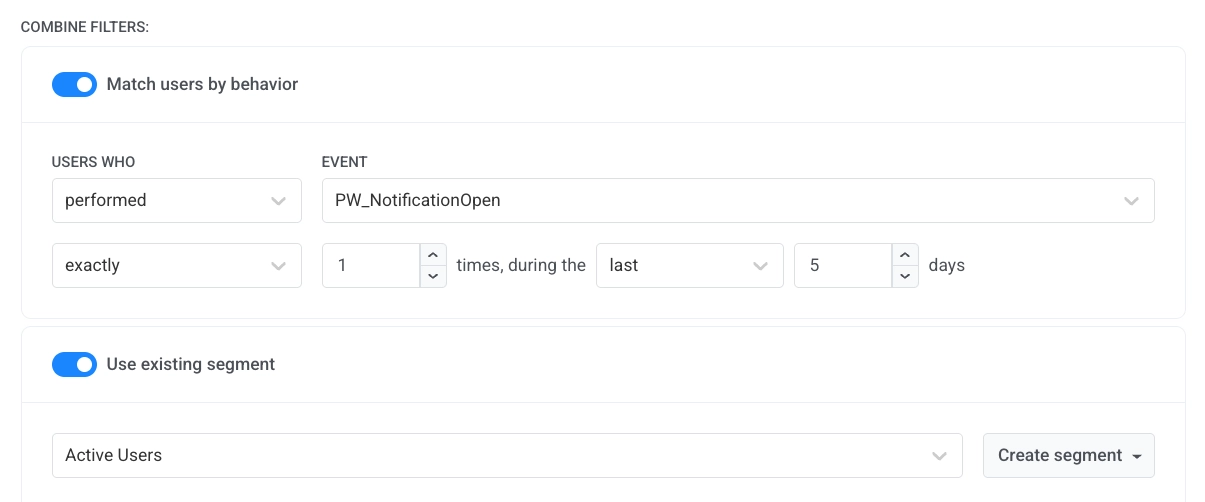 Ejemplo de configuración de usuarios objetivo con evento activador, filtro de comportamiento y segmento existente