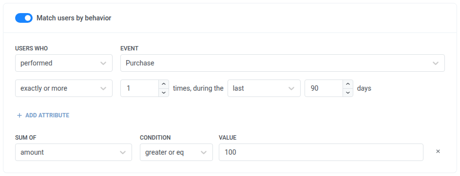 Regla de Coincidir usuarios por comportamiento: realizó Purchase exactamente o más de 1 vez durante los últimos 90 días, con la Suma de amount greater or eq 100