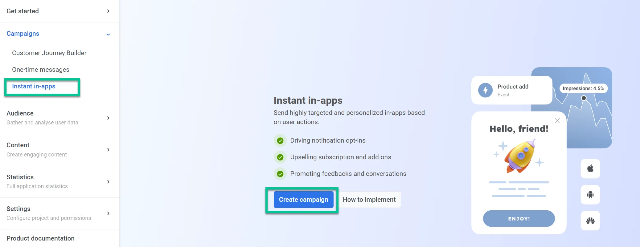 ইনস্ট্যান্ট ইন-অ্যাপস বিভাগ দেখানো স্ক্রিনশট যেখানে Create in-app বোতামটি হাইলাইট করা হয়েছে