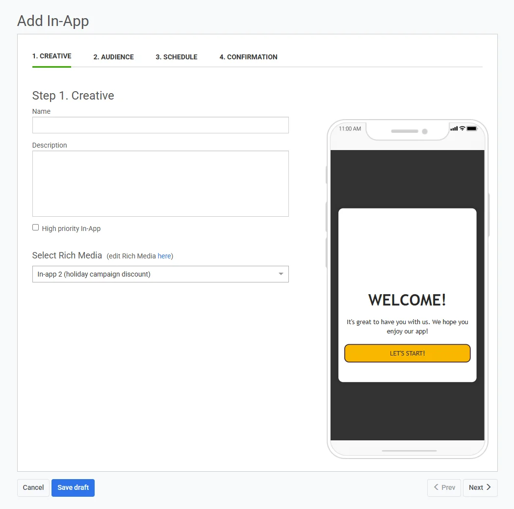 রিচ মিডিয়া পেজ নির্বাচন ড্রপডাউন দেখানো স্ক্রিনশট যেখানে উপলব্ধ ইন-অ্যাপ টেমপ্লেট রয়েছে