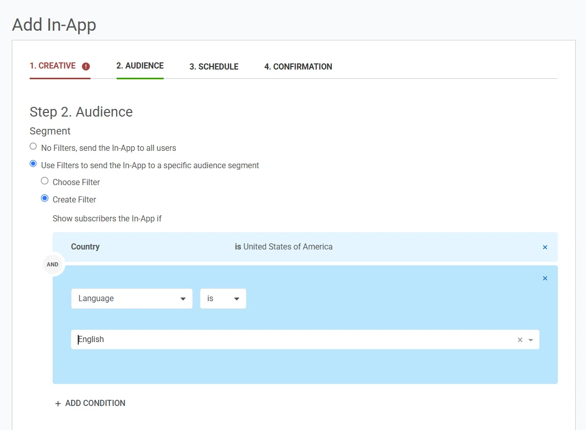 অডিয়েন্স সেগমেন্টেশন প্যানেল দেখানো স্ক্রিনশট যেখানে ফিল্টার এবং Add Condition বোতাম রয়েছে