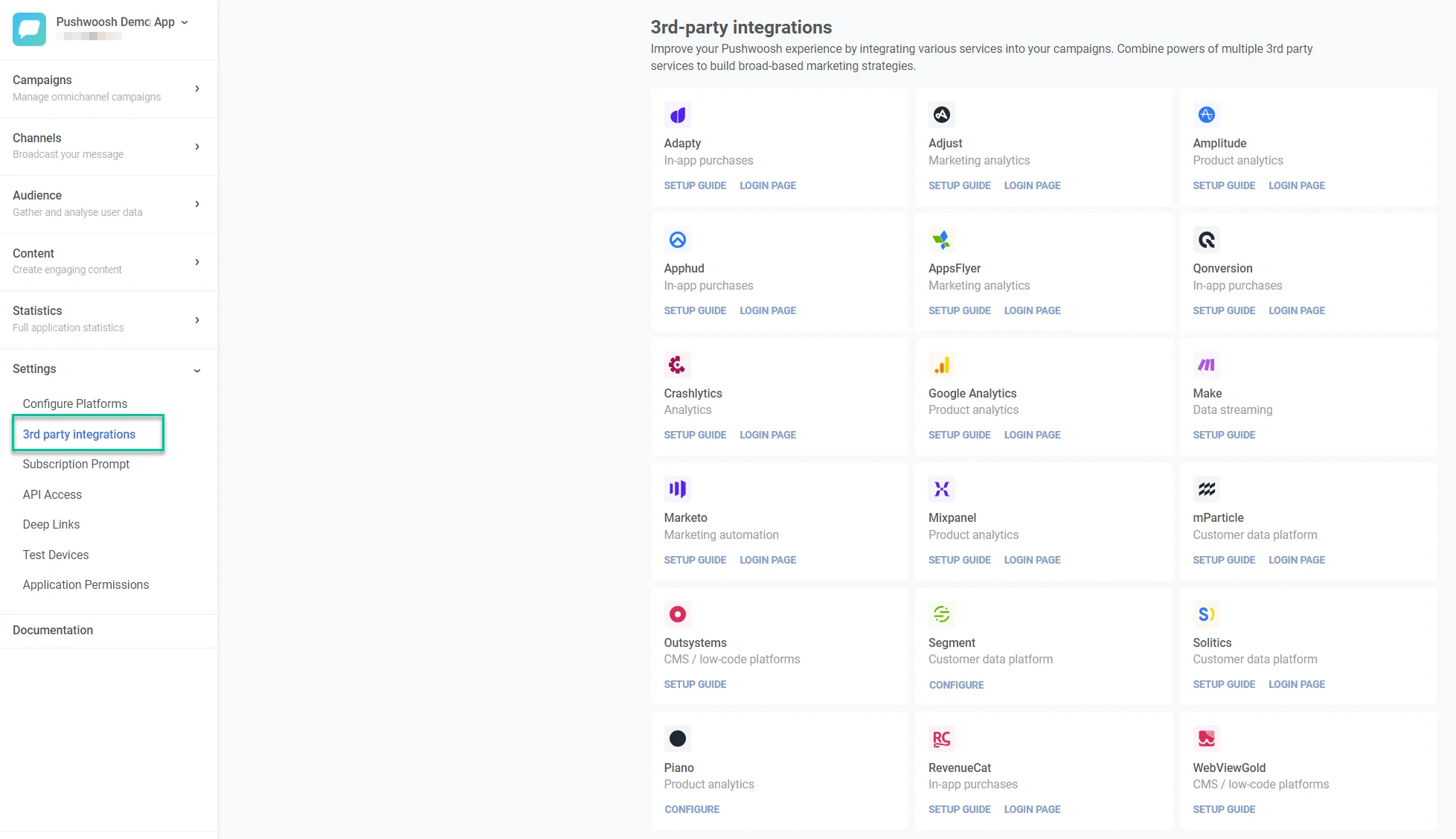 Página de ajustes de integraciones que muestra las opciones de integración de terceros y las guías de configuración