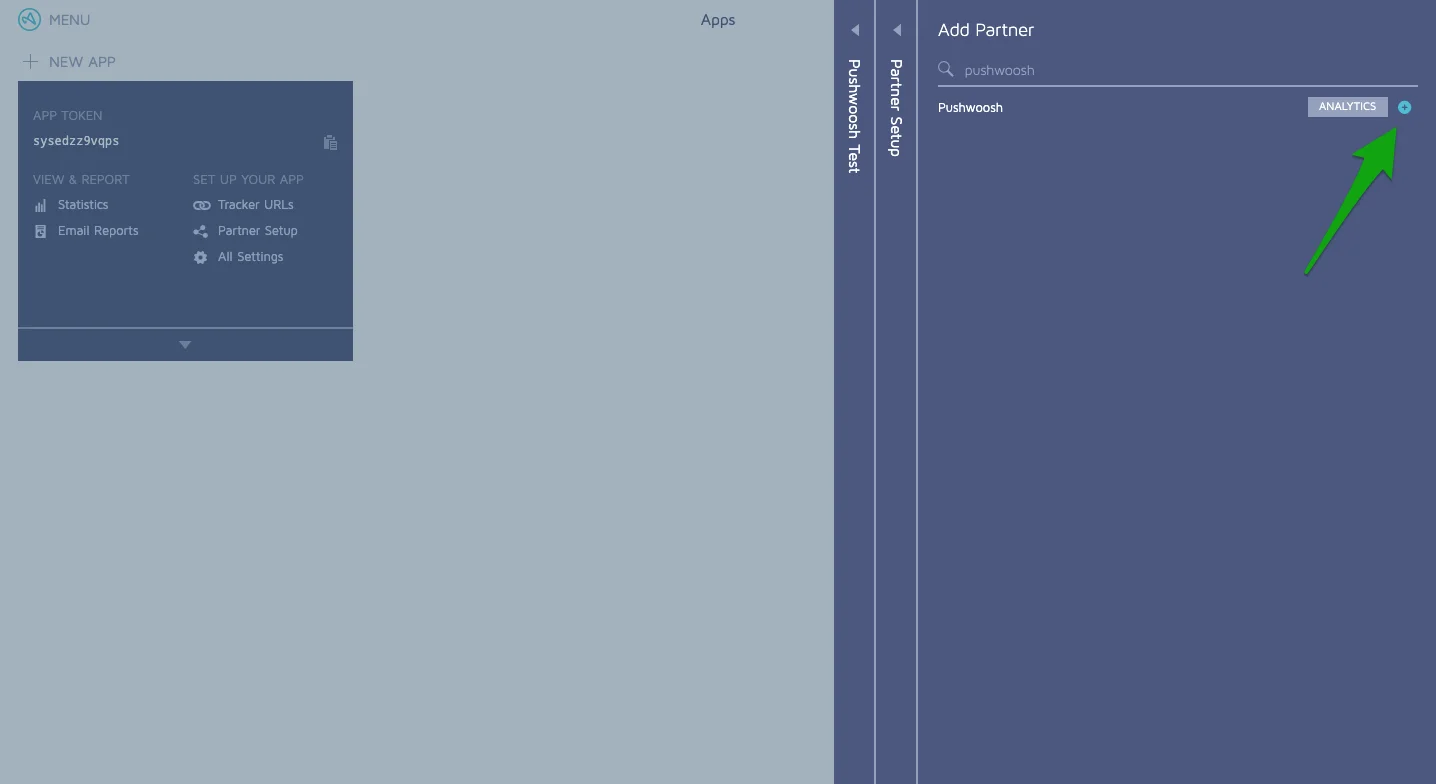 एडजस्ट पार्टनर सर्च जो Pushwoosh इंटीग्रेशन विकल्प दिखा रहा है