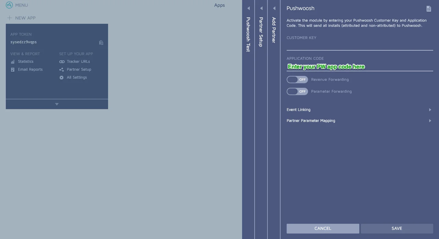 Pushwoosh ऐप कोड फ़ील्ड के साथ एडजस्ट मॉड्यूल एक्टिवेशन फ़ॉर्म