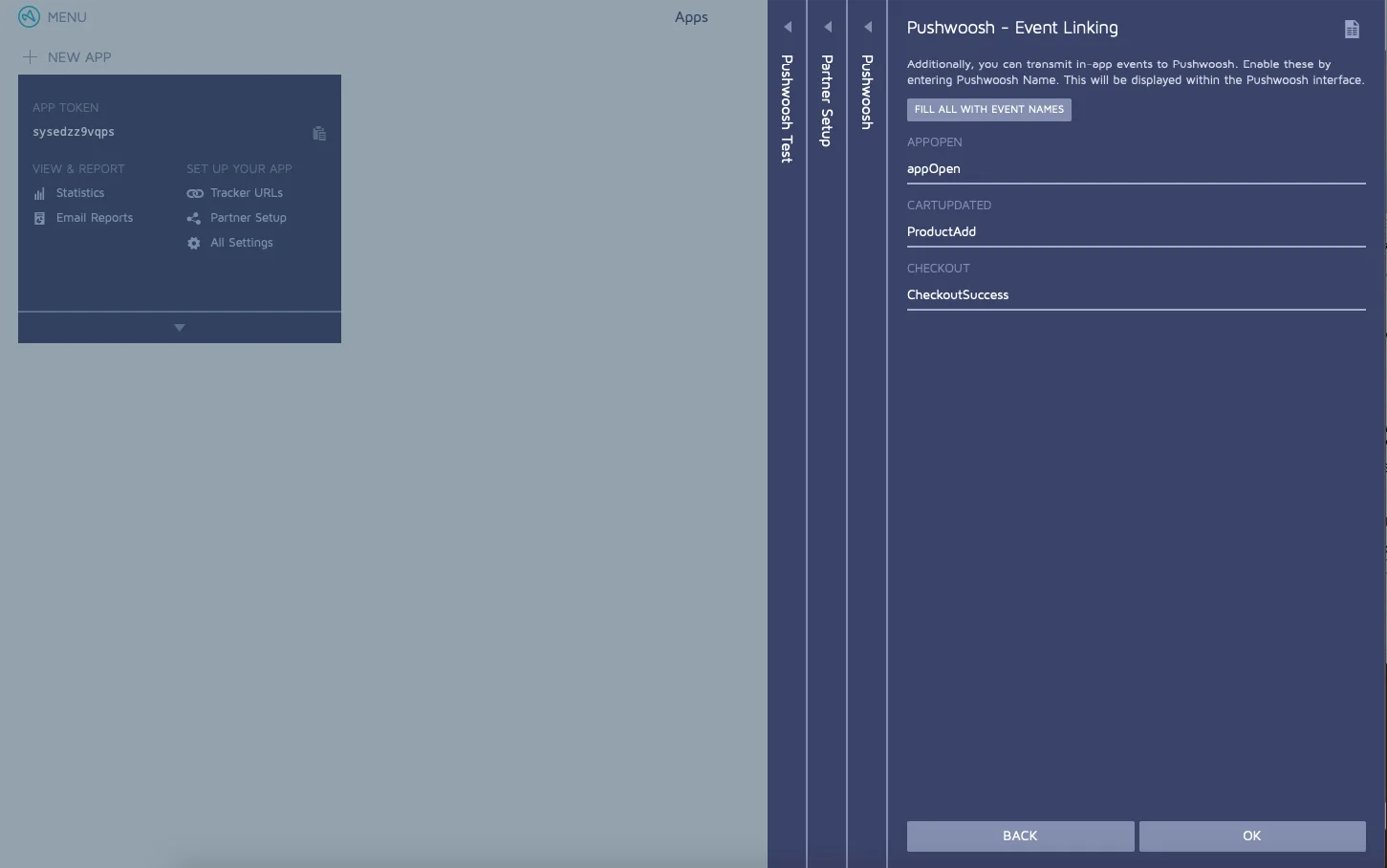 Pushwoosh इवेंट्स के लिए एडजस्ट इवेंट लिंकिंग कॉन्फ़िगरेशन पेज