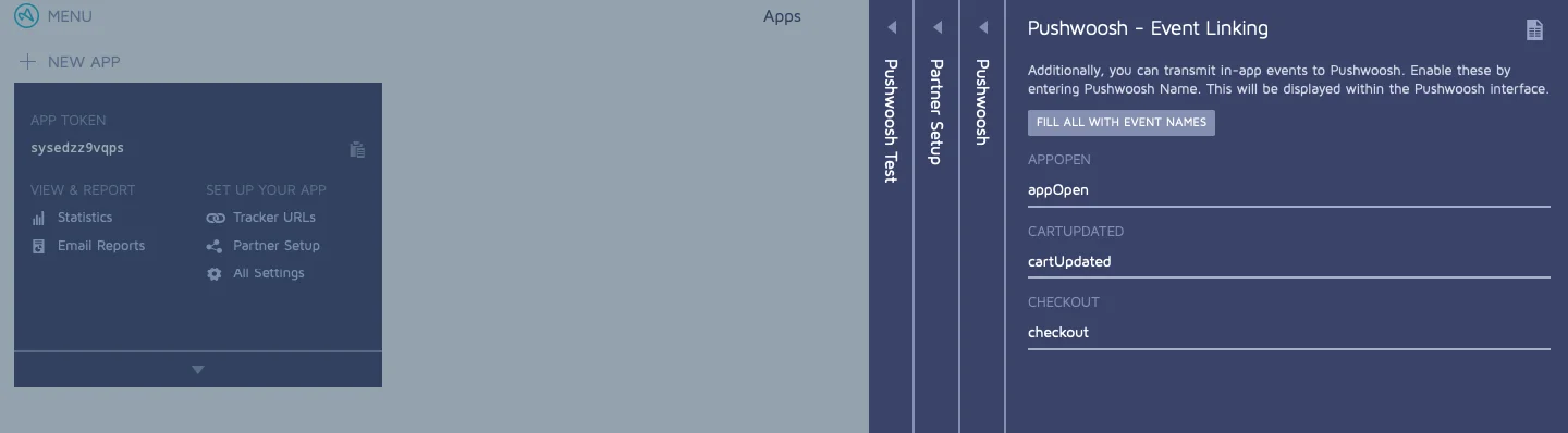 Pushwoosh इंटीग्रेशन के लिए एडजस्ट फिल इवेंट नेम्स विकल्प