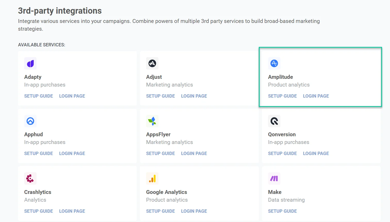 Pushwoosh 설정의 Amplitude 통합 옵션