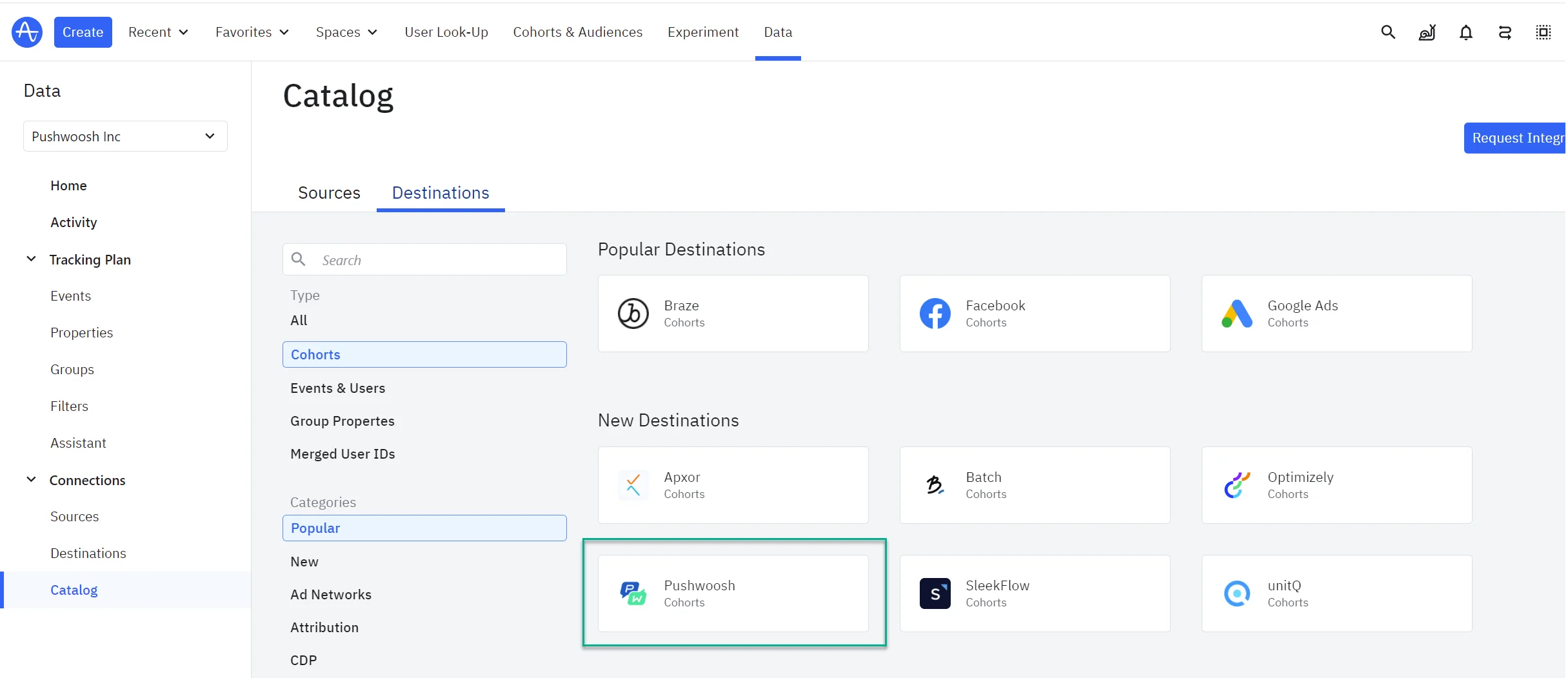 대상에서 Pushwoosh 선택하기