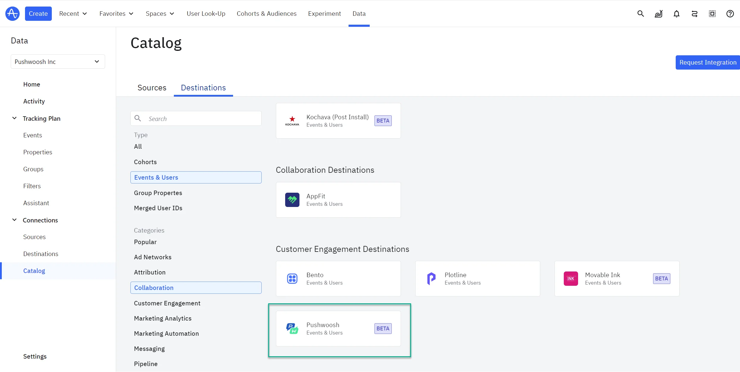 Pushwoosh 이벤트 스트림 옵션을 보여주는 데이터 대상