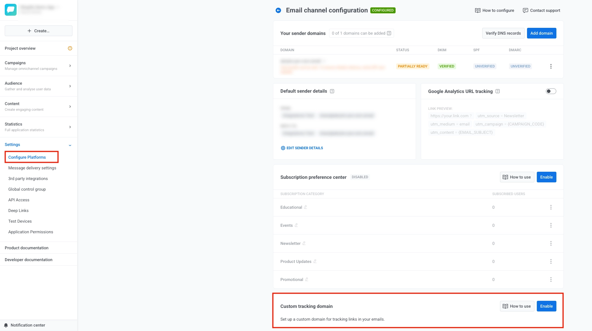 Pushwoosh Control Panel showing Settings, Configure Platforms, Email channel configuration, and the Custom tracking domain card with the Enable control.