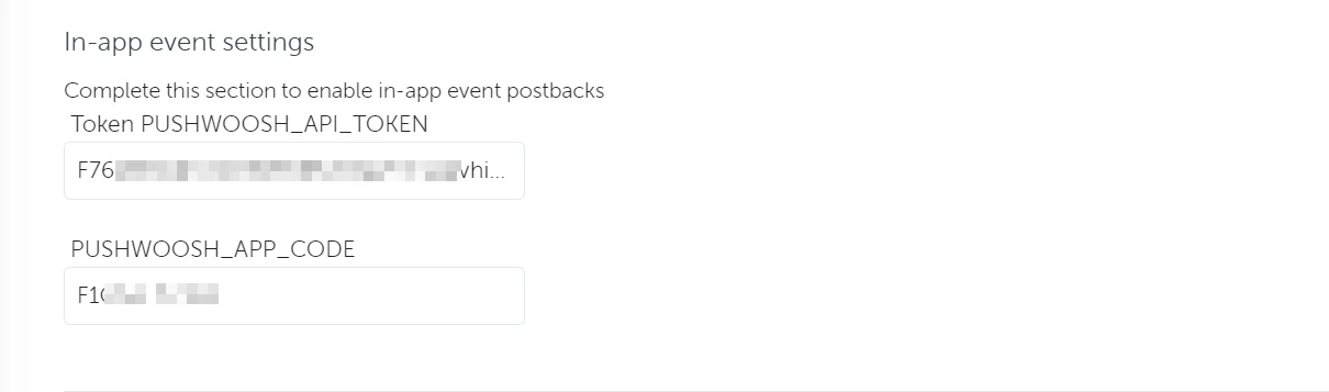 Seção de configurações de eventos no aplicativo com Código do Aplicativo e token de API