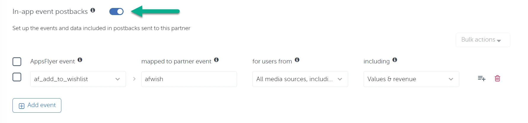 Configuração do botão de postback de eventos no aplicativo no AppsFlyer
