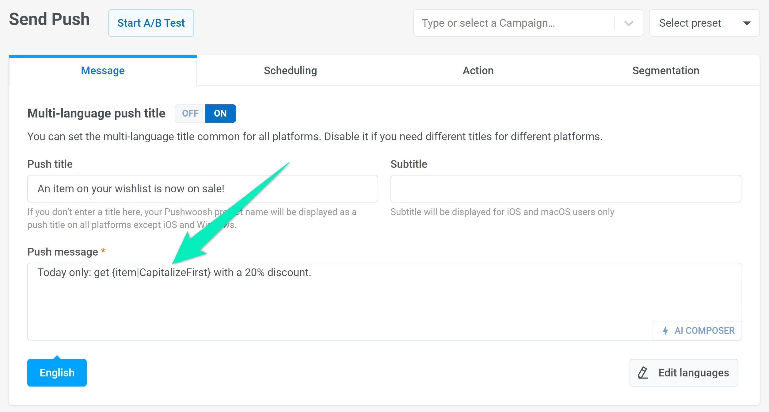 Placeholder de Conteúdo Dinâmico em uma predefinição de push do Pushwoosh
