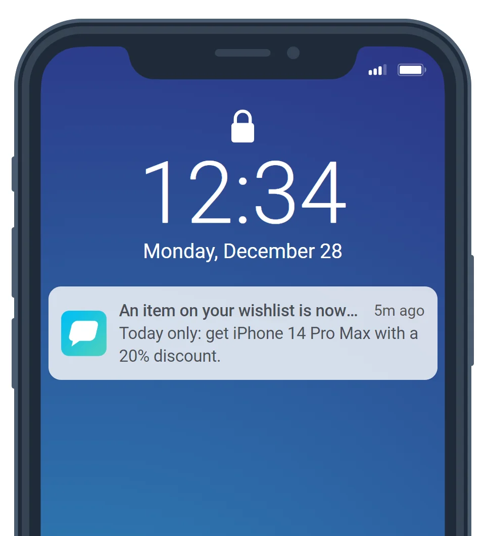 Pré-visualização da notificação push para a oferta do item iPhone 14 Pro Max