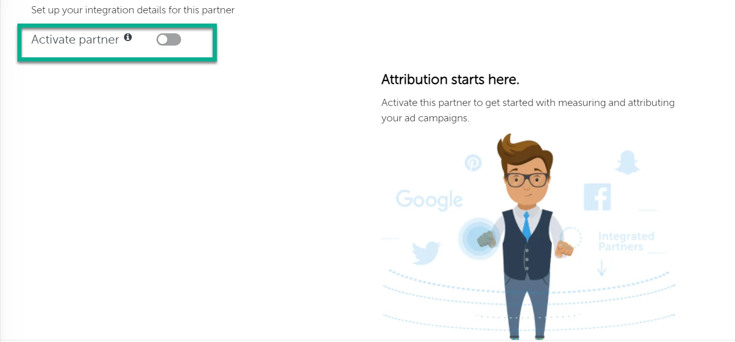 Ativando o botão Ativar parceiro no AppsFlyer