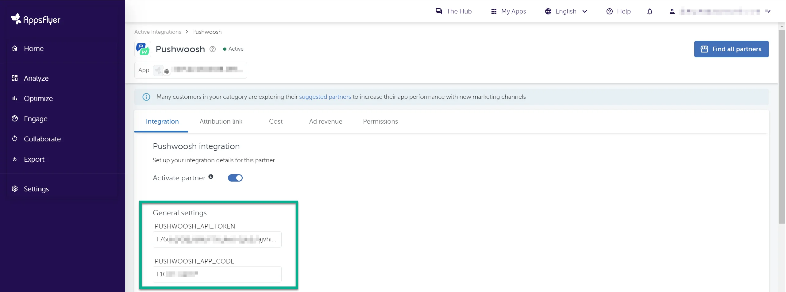 Adicionando credenciais do Pushwoosh nas configurações gerais do AppsFlyer