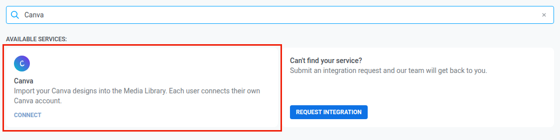 Canva card in the Available services section of 3rd-party integrations with the Connect link