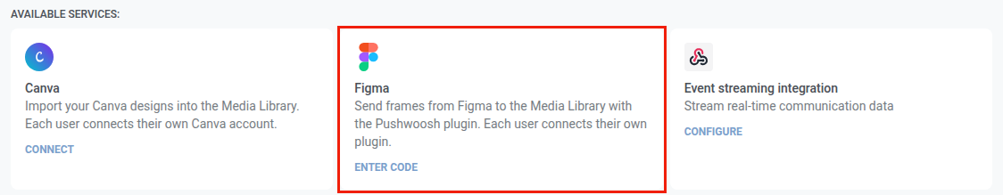 Figma card in the Available services section of 3rd-party integrations with the Enter code link