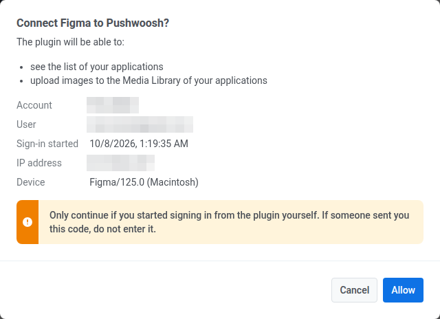Connect Figma to Pushwoosh window listing what the plugin will be able to do, the sign-in details, and the Cancel and Allow buttons
