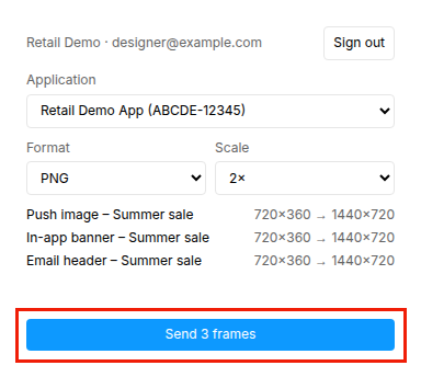 Figma में Pushwoosh प्लगइन, जिसमें एक एप्लिकेशन चुना गया है, 2x पर PNG, 720×360 → 1440×720 के रूप में सूचीबद्ध तीन चुने गए फ्रेम और Send 3 frames बटन
