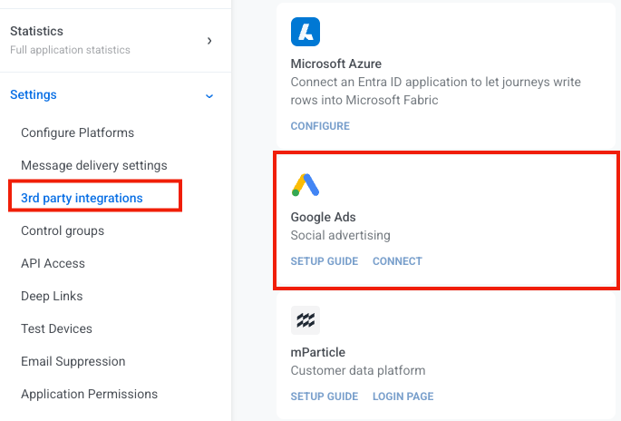 Menu de configurações com integrações de terceiros destacadas, e o cartão do Google Ads mostrando Conectar para começar a vincular uma conta do Google Ads