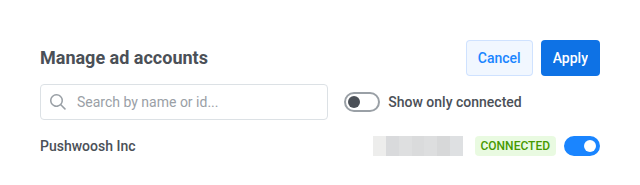 Diálogo de gerenciamento de contas com botões de alternância por linha para incluir ou excluir contas do Google Ads, Aplicar e Cancelar