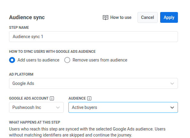Ponto de sincronização de público com plataforma Google Ads, conta, público, opção de adicionar ou remover, Aplicar e Cancelar
