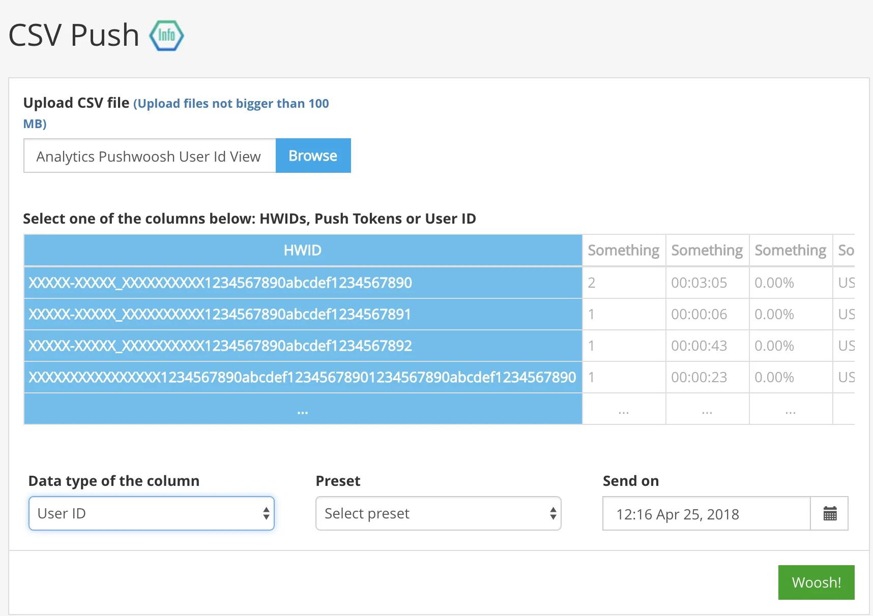 Pushwoosh Control Panel 中的 CSV Push 选项卡