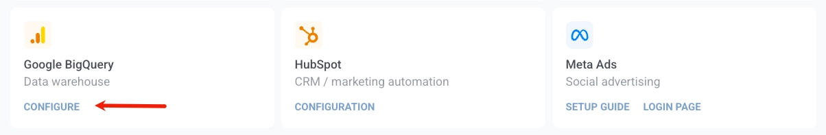 3rd Party Integrations page with the Google BigQuery card available for configuration