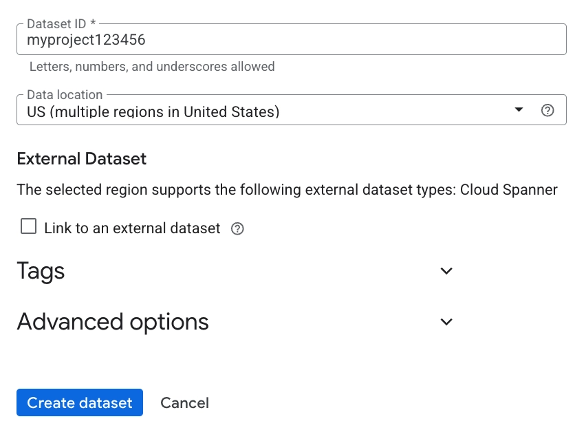 Create dataset form in BigQuery showing Dataset ID and location fields for the dataset region
