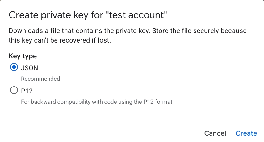 Google Cloud Create private key dialog with JSON key type selected for the Service Account
